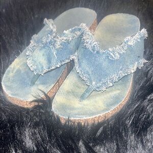 Frayed Denim Thong Flip Flops Slide Sandals Corkstyle Footbed Sz9